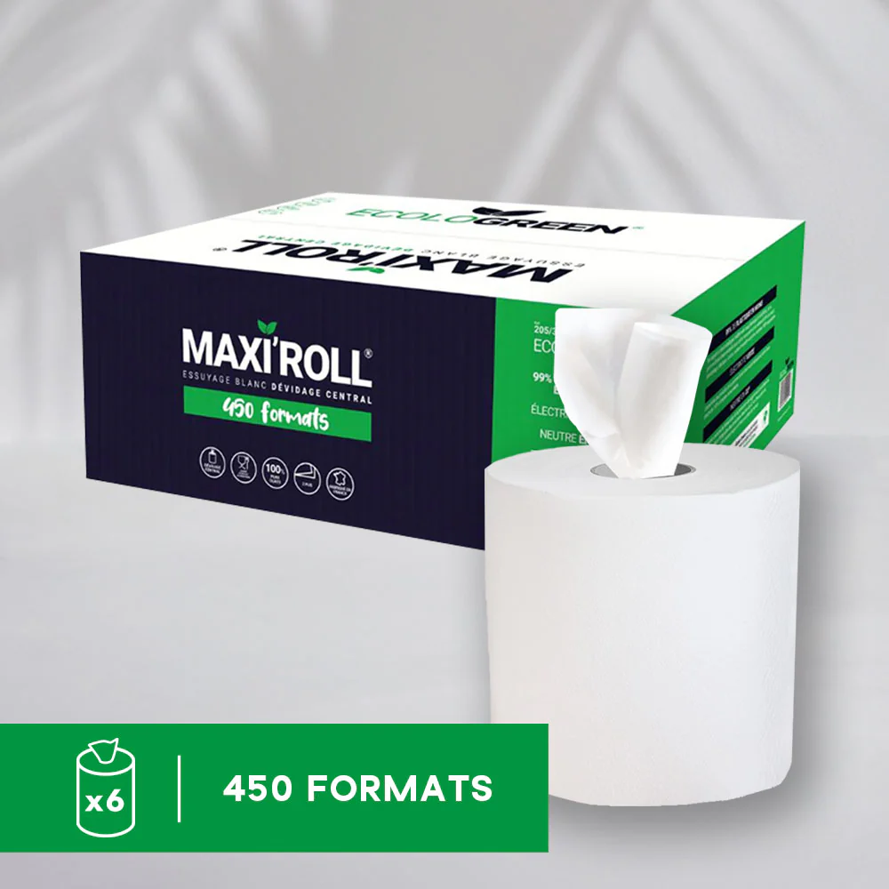 MAXI ROLL, essuyage blanc à dévidage central, 450 formats (colis de 6)
